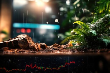 Nature-inspired financial growth concept with lush greenery and stock market chart