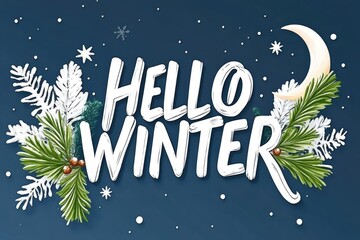 Hello winter greeting with pine branches and snowflakes on blue background