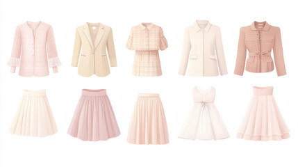 A set of pretty women's clothes, all in soft pastel colors like pink and beige, are shown against a white background.