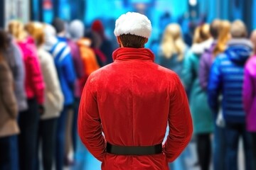 Santa claus lookalike entertains shoppers in busy winter mall scene