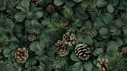 Obraz premium Seamless pattern of green leaves and pine cones creating a natural and vibrant texture 