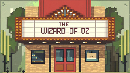 Pixelated Movie Theater with Red Sign, Retro Nostalgia, Classic Cinema Experience. 
