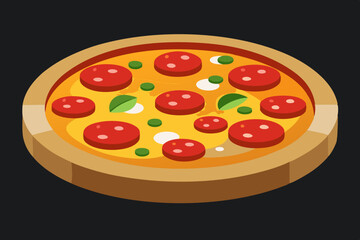 3d fast food realistic pizza, silhouette black vector illustration
