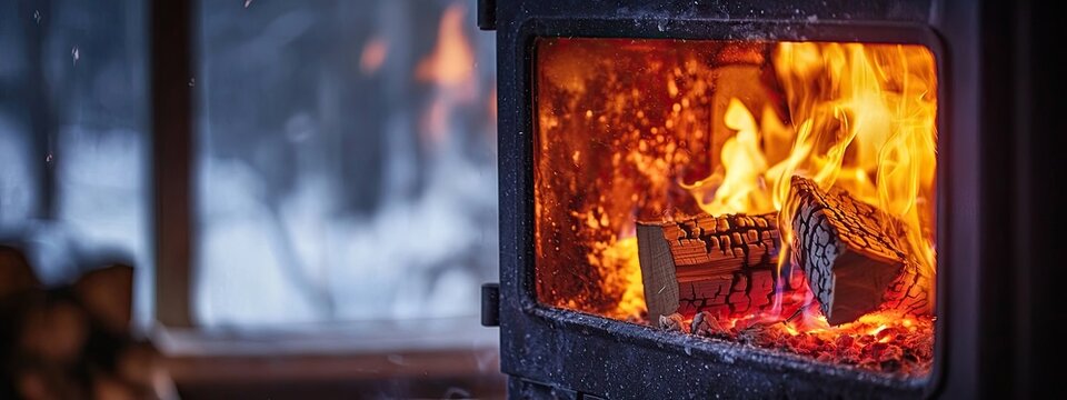 the fireplace is burning in the house. Selective focus