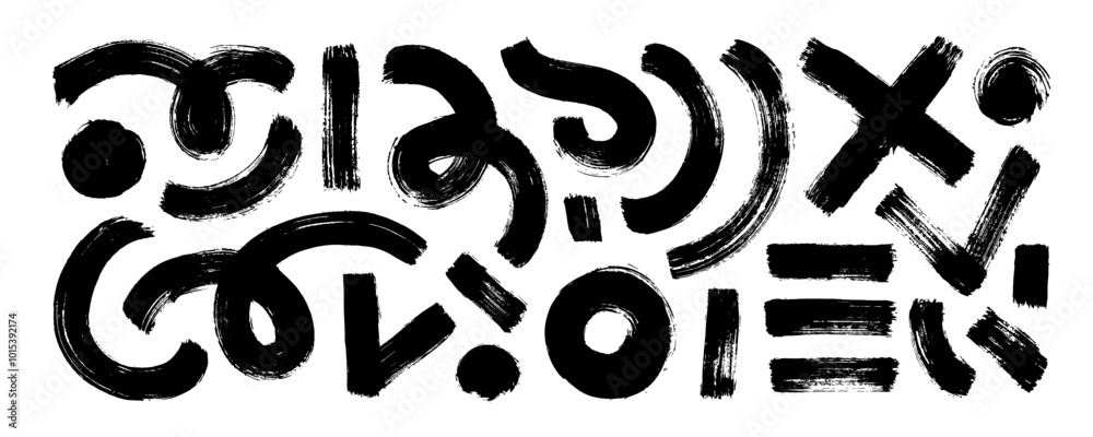 Poster collection of various geometric shapes and curved thick lines. funky grunge doodle elements with rou