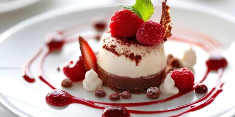 Delicious dessert served on a white plate. This elegant dish features creamy mousse topped with raspberries and chocolate shavings. Perfect for a fine dining experience. AI