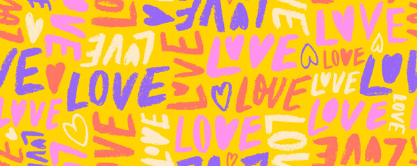 Crayon drawn love phrases seamless pattern. Hand drawn romantic typographic background.