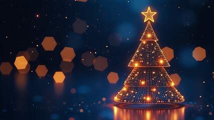 Digital christmas tree in futuristic design with lights and star. Dark blue background with bokeh. Concept of holiday greetings in IT technology and nano technology.