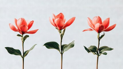 Obraz premium Three red flowers with green leaves in front of a light blue sky with a few clouds in the background