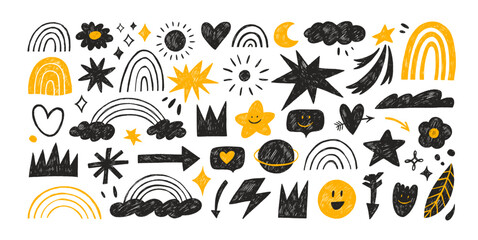 Naive graphic style doodle shape stickers, childish figures. Naive playful abstract shapes sticker pack in kid's style. Crayon-drawn stickers for collages and social media. Primitive art elements.