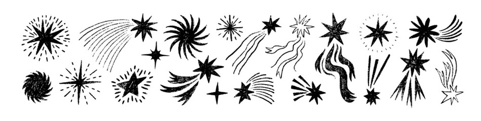 Childish style of meteoroid, comet and asteroid drawn with a crayon. Hand drawn sketch style stars with tails.