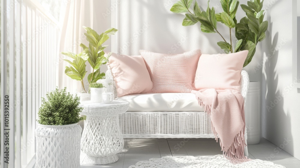 Poster a charming sitting area features a white wicker sofa adorned with soft pink cushions and a matching 
