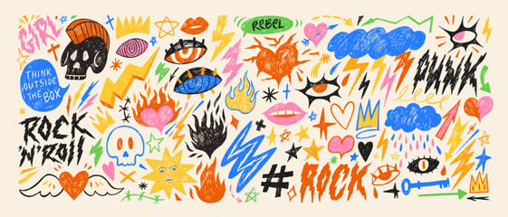 Punk and rock style crayon drawn shapes. Collection of colorful graffiti doodle girly stickers.