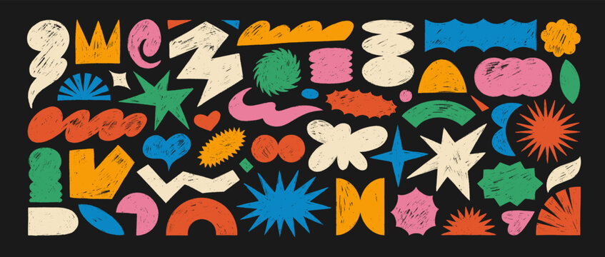 Funky abstract crayon drawn doodle shapes. Geometric sticker elements, colorful vector doodle figures.