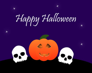 Halloween card with pumpkin and skulls against the background of the night sky