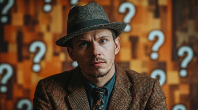 A thoughtful man in a brown suit and hat stands against a colorful backdrop filled with question marks, evoking curiosity and contemplation.