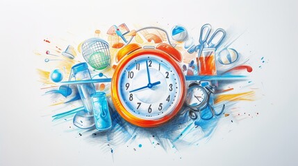 A colorful and dynamic illustration of a clock encircled by various sports equipment, representing the importance of time management and fitness. The vibrant colors and lively arrangement make it a