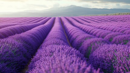 Obraz premium A breathtaking landscape of endless lavender fields stretching towards distant mountains, enveloped by a serene sky, offering tranquility and natural beauty.
