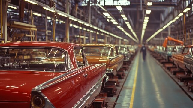 A nostalgic view of classic vintage cars on an assembly line inside a retro-style factory, highlighting industrial craftsmanship and automotive history.