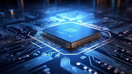 A powerful computer processor or chip on a motherboard modern technologies blue background