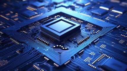 A powerful computer processor or chip on a motherboard modern technologies blue background