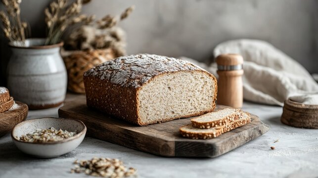 A rustic-style whole grain bread loaf perfectly placed on a wooden cutting board, creating an inviting atmosphere with artisanal bakehouse charm, complete with crumbs.