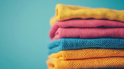   A stack of colorful sweaters sitting on top of a blue-yellow sweaters pile