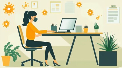 Remote working allows employees to work from home for telework and outsourcing, ensuring social distancing during pandemics. Flat vector illustration.