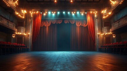 Open curtains framing empty theater stage with dramatic spotlight lighting image