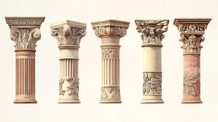 Obraz premium Set of ancient Greek and Roman column capitals with realistic designs.
