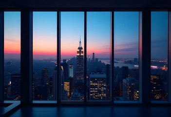 A large panoramic window in a skyscraper, showcasing a bustling city skyline at twilight, with lights starting to twinkle as night approaches create with ai