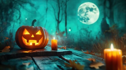 Obraz premium Halloween Night with a Jack O' Lantern and Candles Burning Bright in a Spooky Forest under a Full Moon, Pumpkins in a Haunted Graveyard