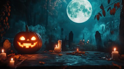Halloween Night with a Jack O' Lantern and Candles Burning Bright in a Spooky Forest under a Full Moon, Pumpkins in a Haunted Graveyard