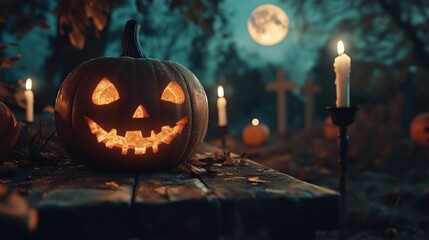 Obraz premium Halloween Night with a Jack O' Lantern and Candles Burning Bright in a Spooky Forest under a Full Moon, Pumpkins in a Haunted Graveyard