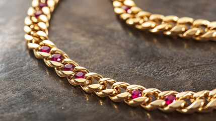Obraz premium Shiny gold chains and necklaces, sparkling with rubies and diamonds. These elegant pieces of jewelry are stylish, luxurious, and perfect for adding a touch of glamour to any outfit.