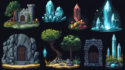 Pixel art sprites for game development, fantasy themed, rpg game assets, castle, crystals, weapons, trees, doors. Water Sprite. Illustration