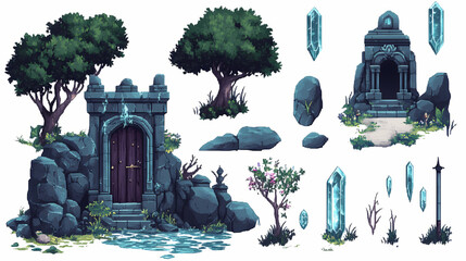 Pixel art sprites for game development, fantasy themed, rpg game assets, castle, crystals, weapons, trees, doors. Water Sprite. Illustration