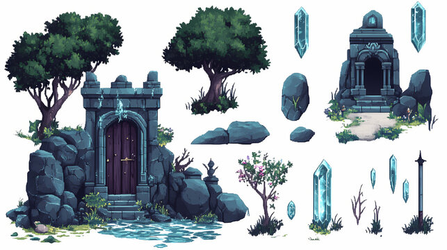 Pixel art sprites for game development, fantasy themed, rpg game assets, castle, crystals, weapons, trees, doors. Water Sprite. Illustration