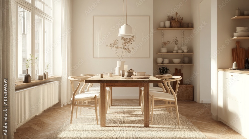 Aufkleber a bright dining area features a wooden table surrounded by chairs, illuminated by natural light. she