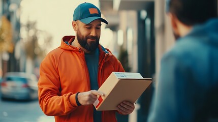 A delivery man receiving a signature from a customer on a digital tablet.