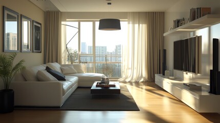 Fototapeta premium Spacious and elegant modern apartment showcasing a Scandinavian design, featuring a plush sofa, TV, windows, curtains, and ample sunlight.