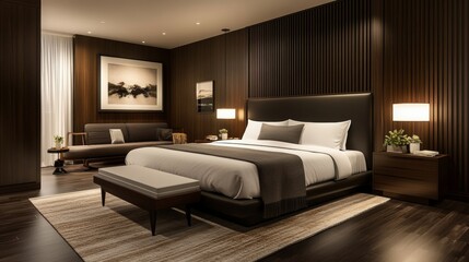 Spacious room with modern decor features a large bed against a dark wood accent wall, creating a stylish and inviting ambiance.