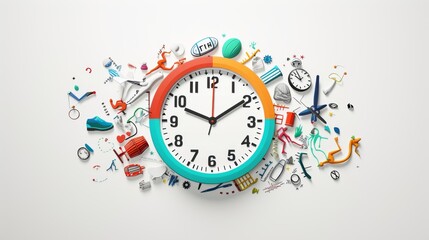 A round clock with a colorful frame sits against a white backdrop, surrounded by dynamic and playful objects. The scene captures a sense of creativity and energetic motion, making it ideal for time