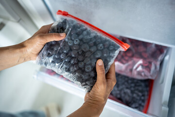Woman hands hold zip bag with blueberries, putting into freezer. Cost effective food storage,...