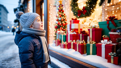 Child admiring festive holiday window display filled with colorful gifts and decorations in winter. Christmas concept