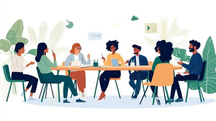 A diverse group of coworkers sitting around a roundtable, discussing strategy during a team meeting.