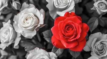 A dramatic composition of a rose bouquet in black and white, with selective coloring of one single red rose.