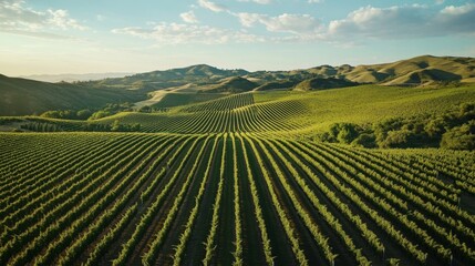Fototapeta premium A drone shot of a sprawling vineyard with neatly arranged rows of grapevines stretching across rolling hills.
