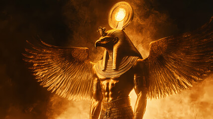 Sun god ra in metal statue. a golden hawk king representing powerful egyptian sun god depicted on a black smoky background. Sun God. Illustration