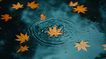 utumn leaves floating on the surface of a tranquil lake, reflecting the vibrant colors of fall. This image symbolizes change, the beauty of nature, and the cycle of life